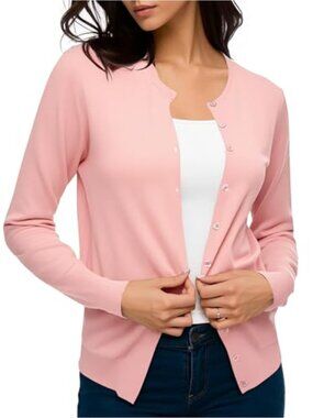 Women's Long Sleeve Button Down Knit Cardigan Sweater Crew Neck Lightweight